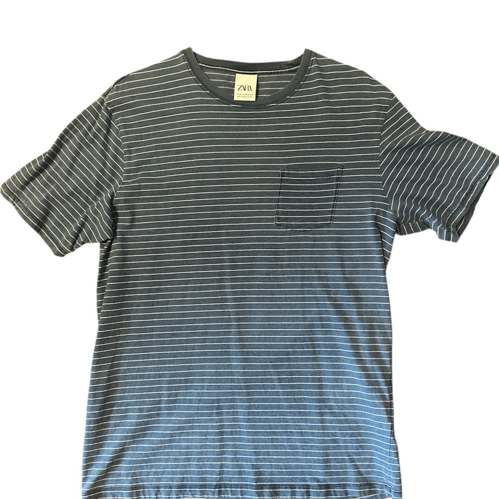 Zara Men's Striped Blue T-Shirt